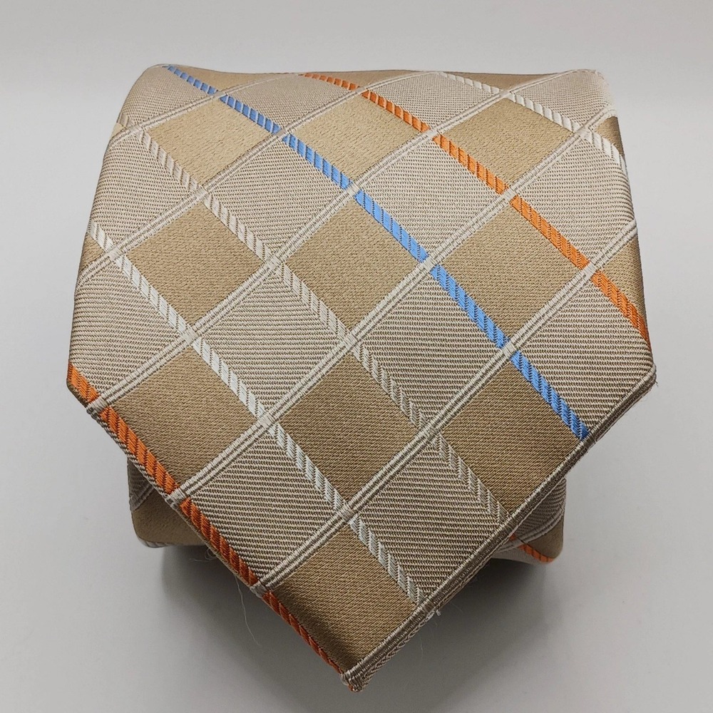 Michael Kors Mens Silk Tie Tan Taupe Plaid Blue Orange Stripe 58x3.5